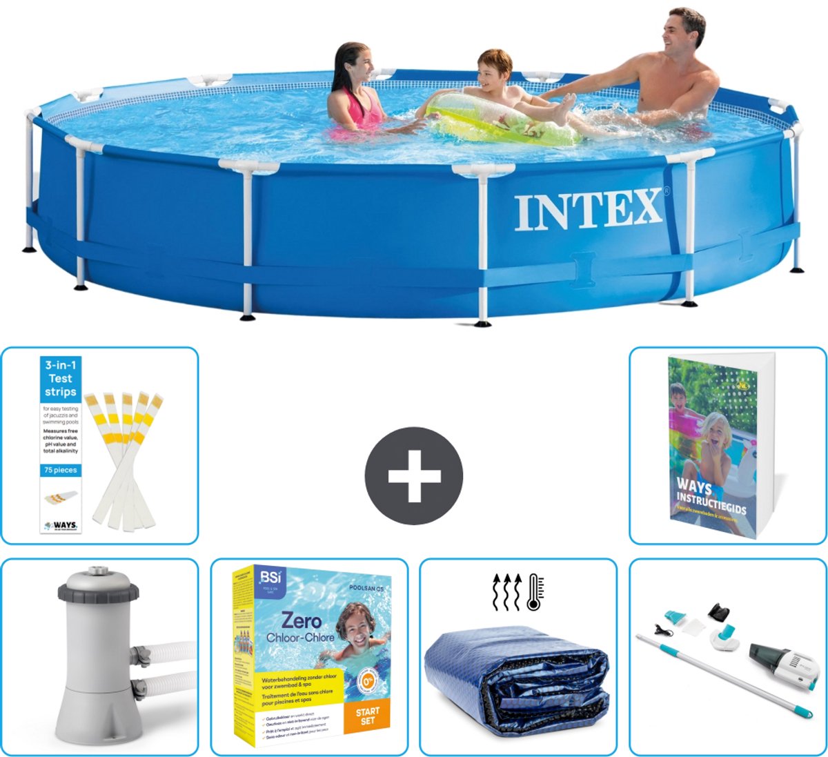 Intex Rond Frame Zwembad - 366 x 76 cm - Blauw - Inclusief Pomp - Onderhoudspakket - Solarzeil - Stofzuiger - 7-delig