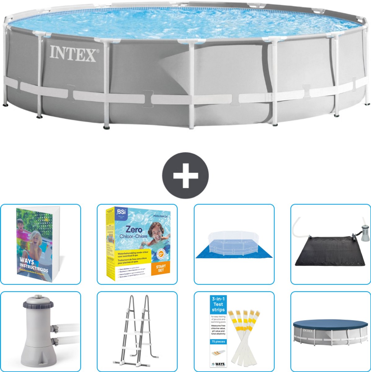 Intex Rond Prism Frame Zwembad - 427 x 107 cm - Grijs - Inclusief Pomp - Ladder - Grondzeil - Afdekzeil - Onderhoudspakket - Solar Mat - 9-delig