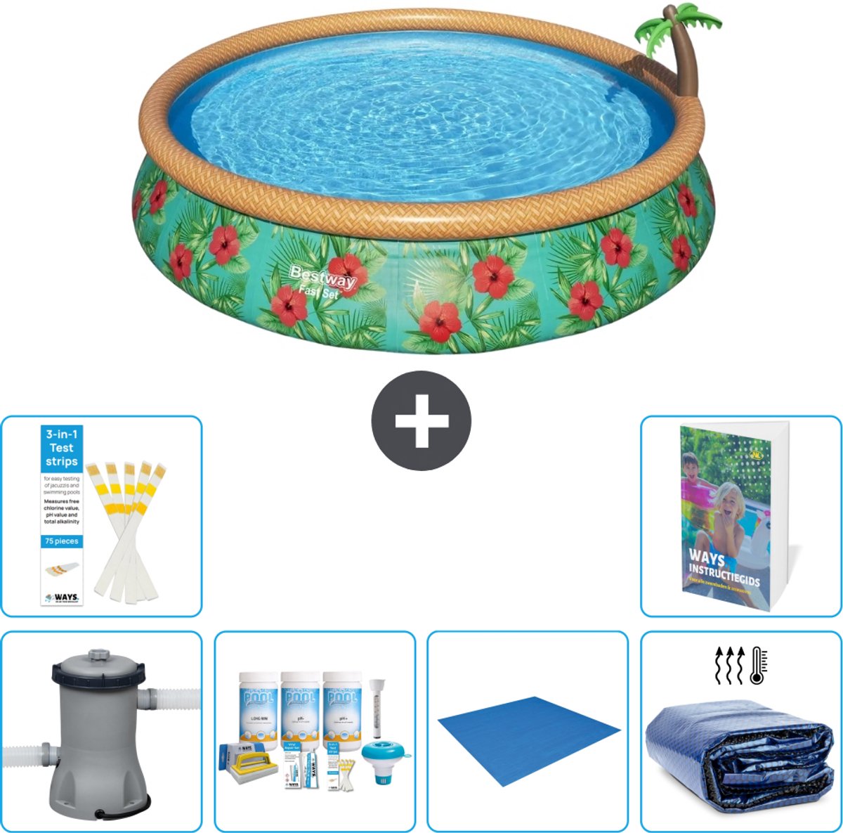 Bestway Rond Opblaasbaar Fast Set Zwembad - Paradijsprint - 457 x 84 cm - Inclusief Pomp - Onderhoudspakket - Grondzeil - Solarzeil - 7-delig
