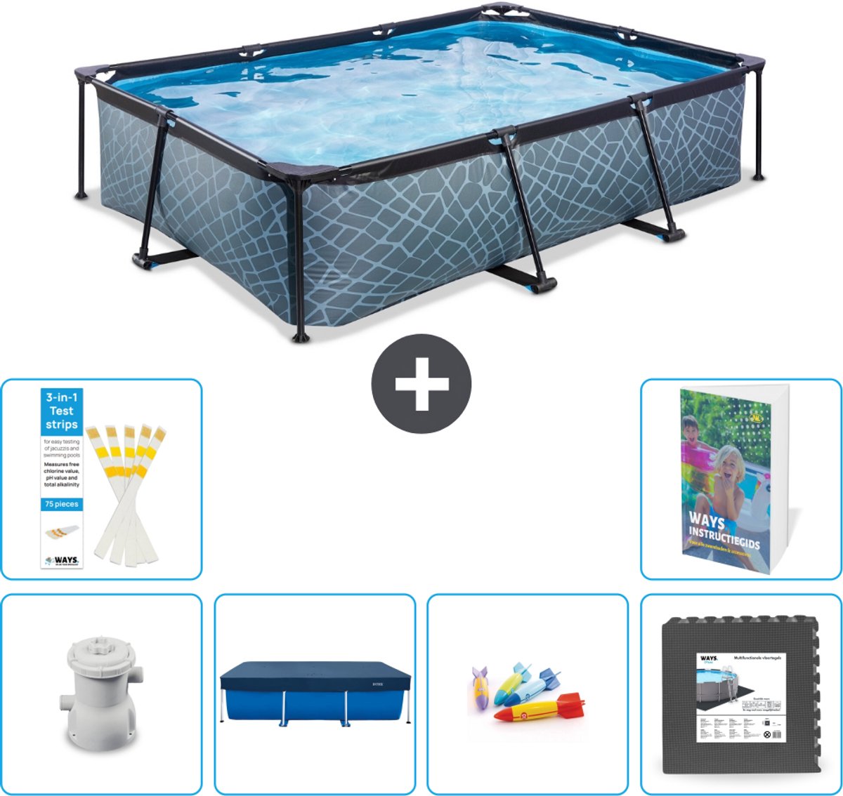 EXIT Rechthoekig Stone Frame Zwembad - 300 x 200 x 65 cm - Inclusief Pomp - Afdekzeil - Speelgoed - Vloertegels - 7-delig