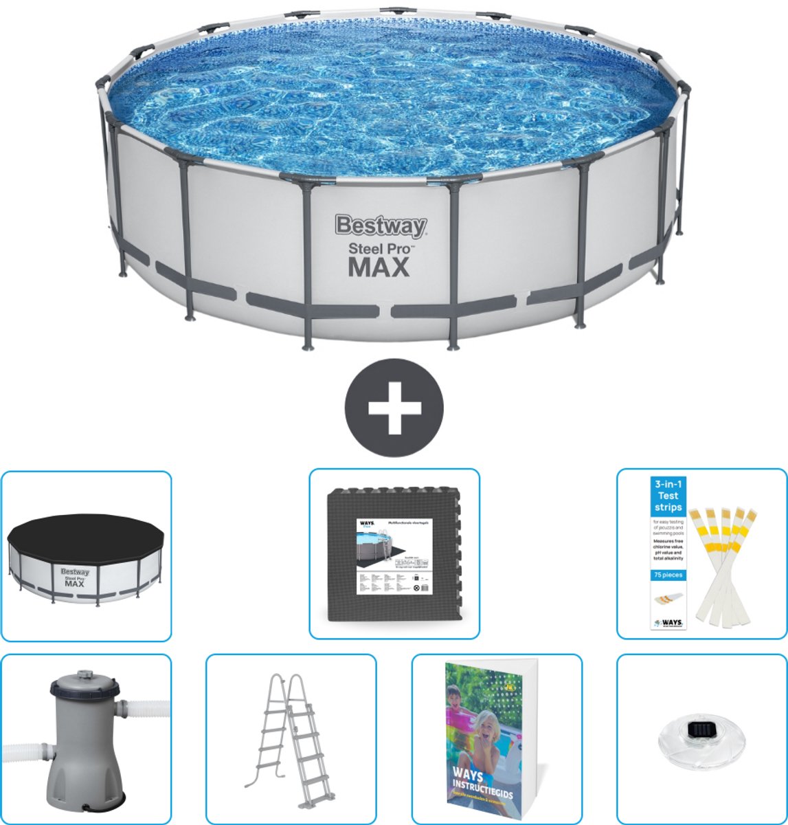 Bestway Rond Steel Pro MAX Zwembad - 457 x 122 cm - Grijs - Inclusief Pomp - Ladder - Afdekzeil - Vloertegels - Verlichting - 8-delig