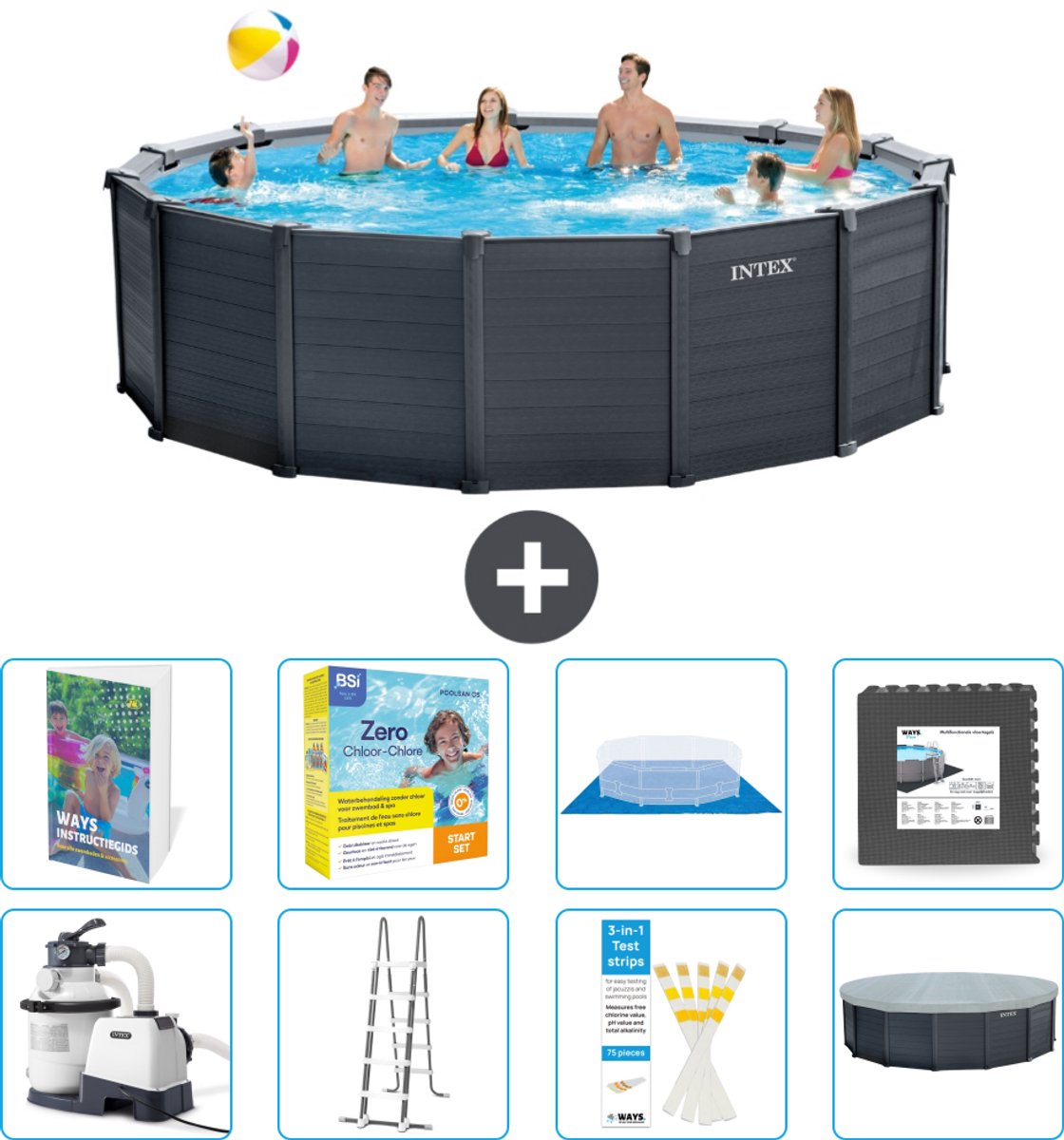 Intex Rond Graphite Gray Panel Zwembad - 478 x 124 cm - Inclusief Pomp - Ladder - Grondzeil - Afdekzeil - Onderhoudspakket - Vloertegels - 9-delig