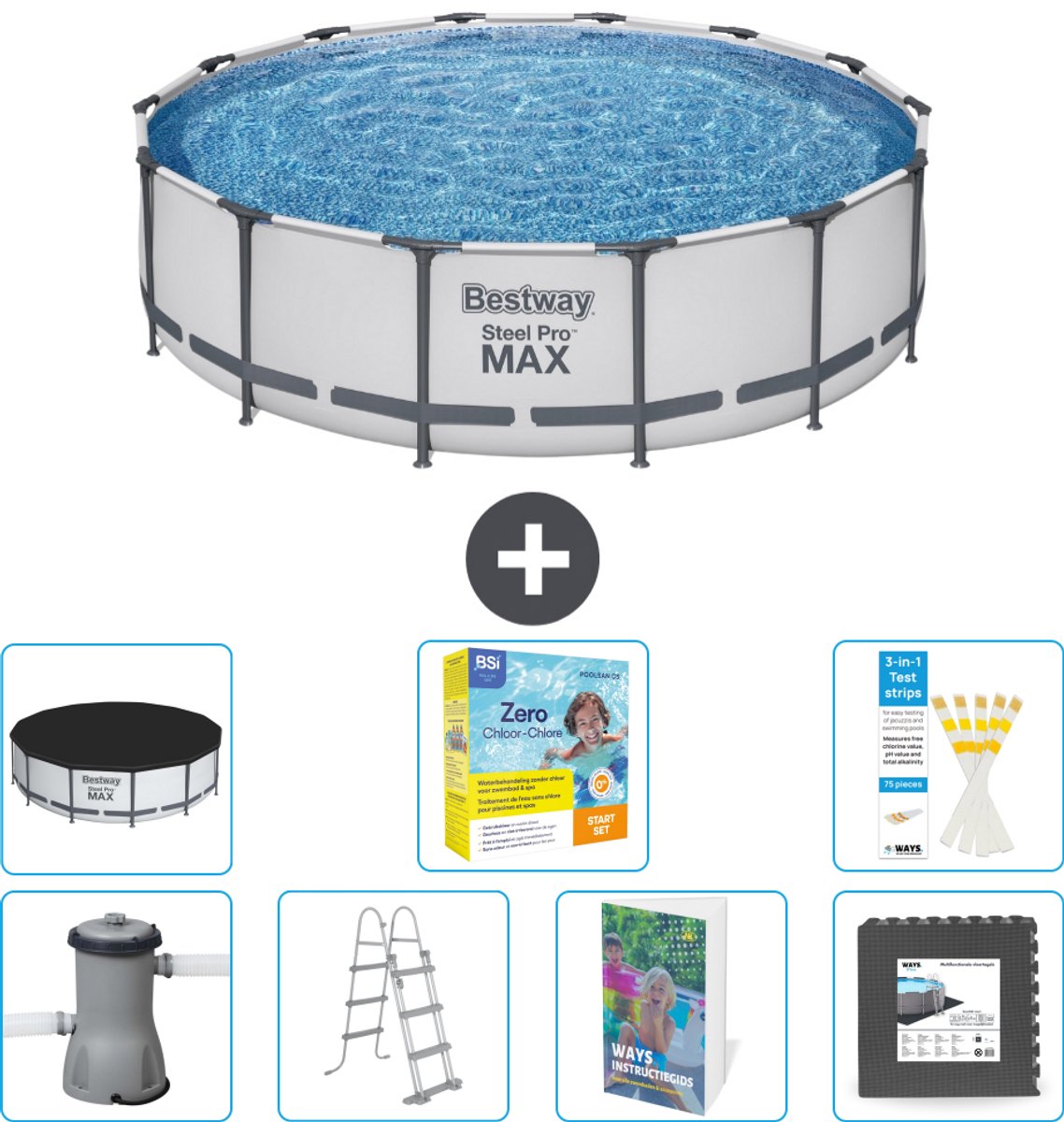 Bestway Rond Steel Pro MAX Zwembad - 427 x 107 cm - Grijs - Inclusief Pomp - Ladder - Afdekzeil - Onderhoudspakket - Vloertegels - 8-delig
