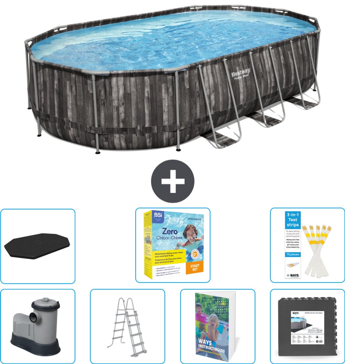 Bestway Ovaal Power Steel Zwembad - 610 x 366 x 122 - Grijs - Inclusief Pomp - Ladder - Afdekzeil - Onderhoudspakket - Vloertegels - 8-delig