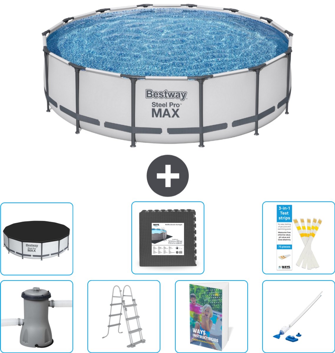 Bestway Rond Steel Pro MAX Zwembad - 427 x 107 cm - Grijs - Inclusief Pomp - Ladder - Afdekzeil - Vloertegels - Stofzuiger - 8-delig