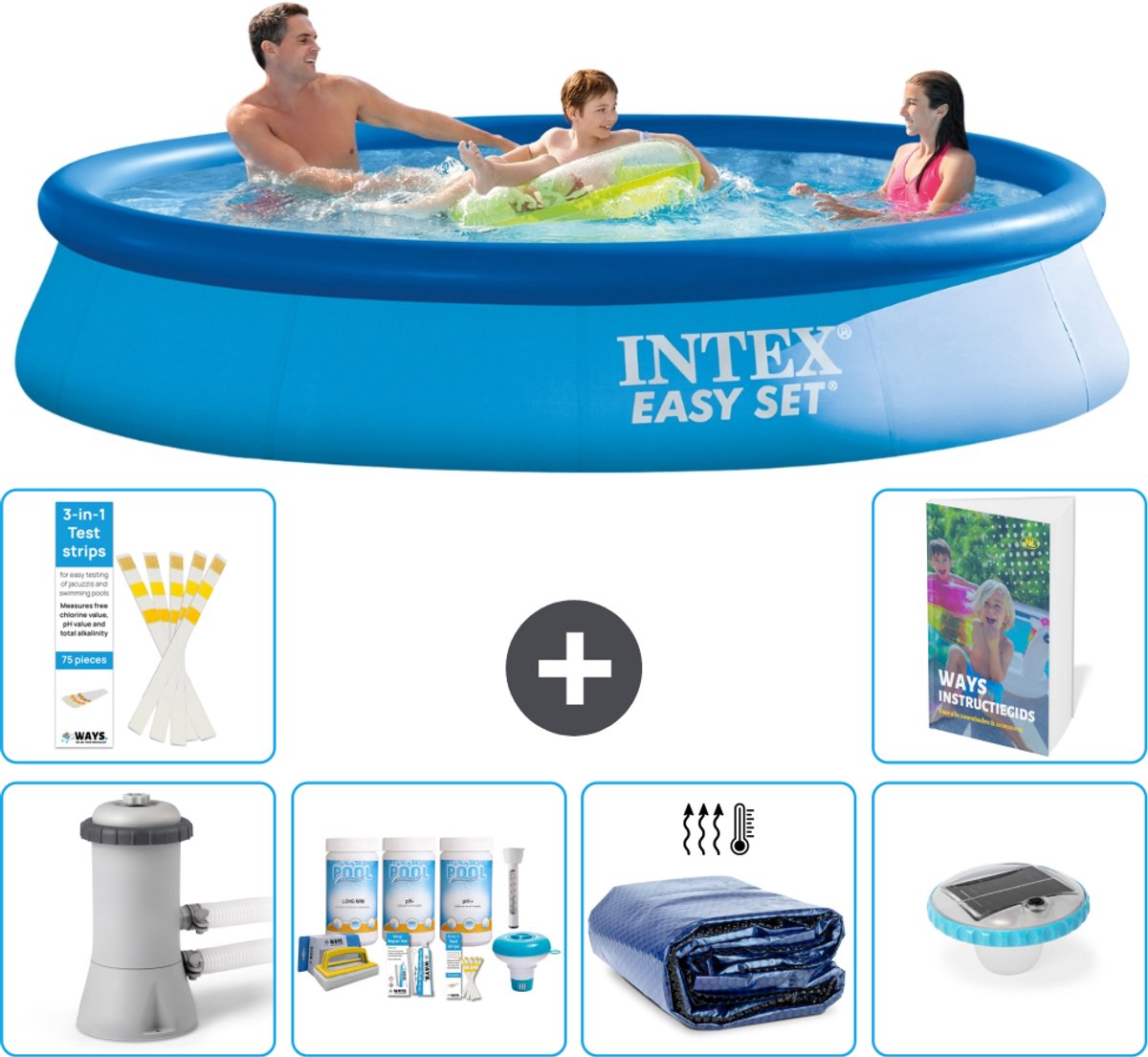 Intex Rond Opblaasbaar Easy Set Zwembad - 366 x 76 cm - Blauw - Inclusief Pomp - Onderhoudspakket - Solarzeil - Verlichting - 7-delig