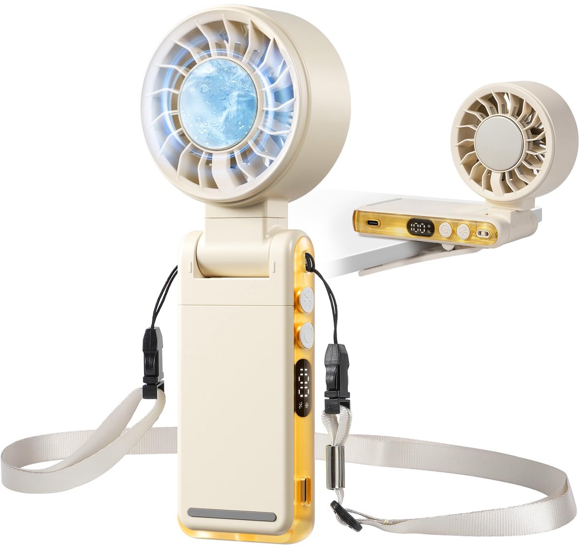 SnelShoppen - Lomffy Handheld Turboventilator met IJskoeler, 6-in-1 Draagbare Handventilator met Clip en LED-Display, 180° 360° Draaibaar, Oplaadbare