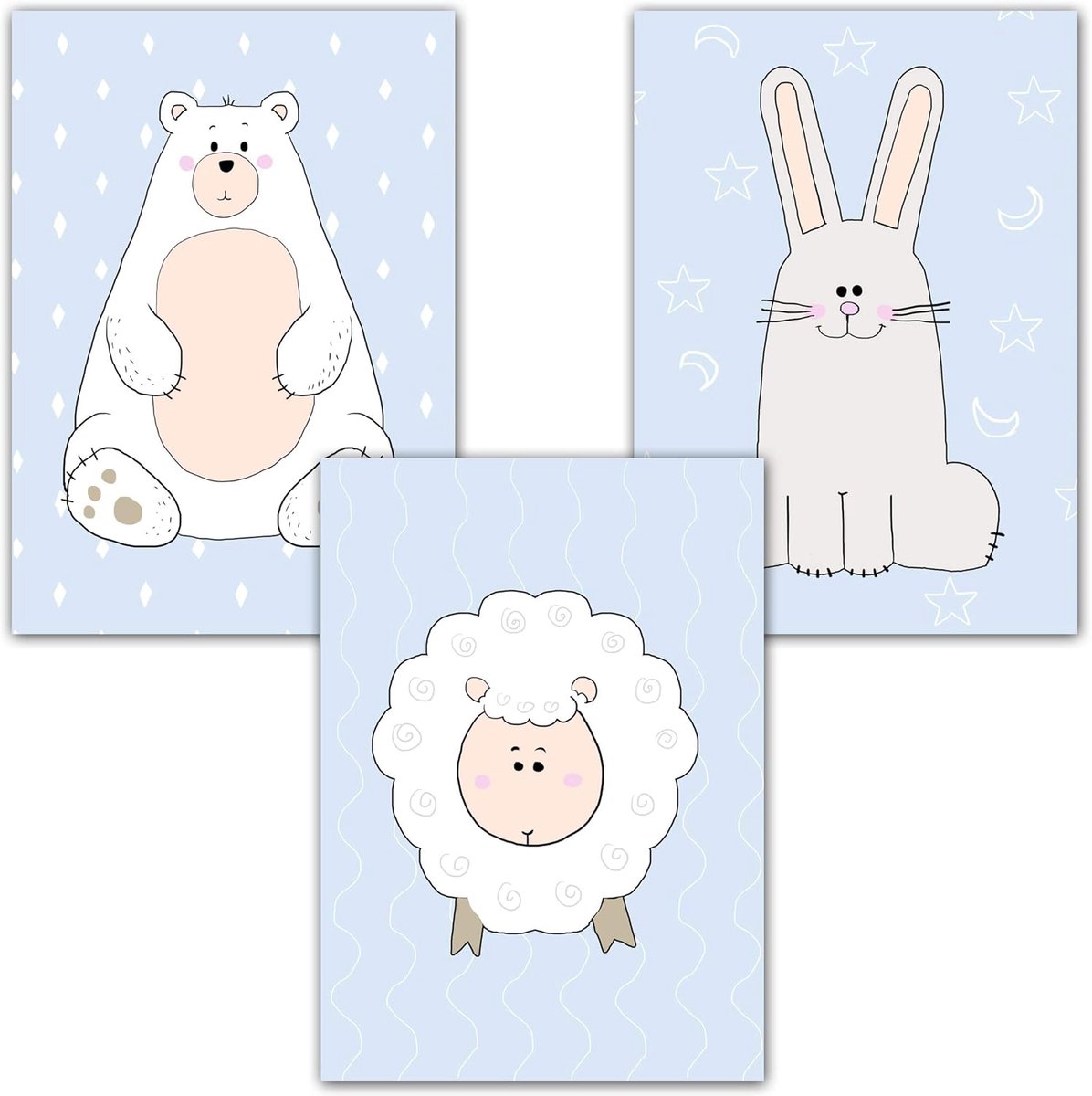 SnelShoppen - Wanddecoratie Muurstickers Set van 3 voor Baby- en Kinderkamer - Hoogwaardige DIN A4 Posters met Dieren in Modern Blauw voor Meisjes en