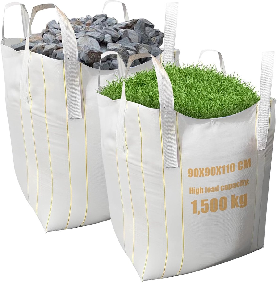 SnelShoppen - 2 Stuks Grote Zak 90x90x110cm Bouwafvalzakken, Tuinafval, Hout, Zand - Stevige Polypropyleen Big Bags met 4 Openingen voor Vervoer