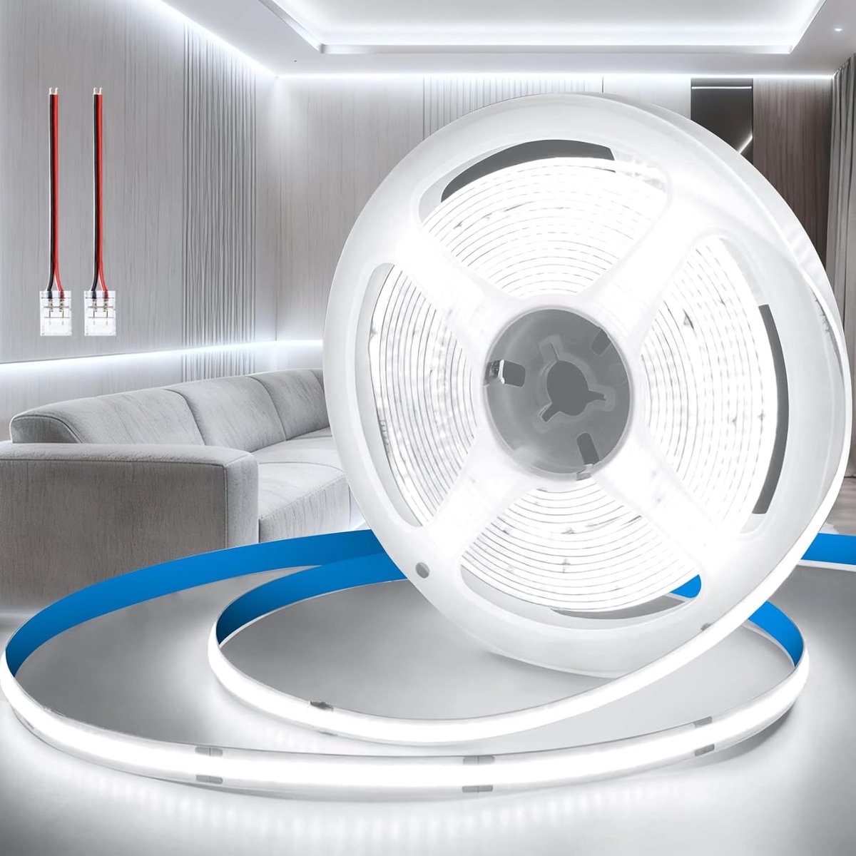 SnelShoppen - 5m Zelfklevende KSIBNW 12V COB LED Strip Warm Wit 6000K, 320LEDs/m, 8mm Breed, CRI90+, Flexibele LED Verlichting voor Keuken, Slaapkamer