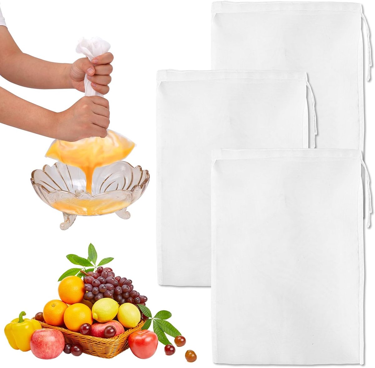 3 Stuks Notenmelkzakken, 30x20cm Herbruikbare Nylon Kaasdoekzakken Gaaszeefzakken Voedselfilterzakken voor het Filteren Van Sap Notenmelk Yoghurt Koffie Boter Tofu