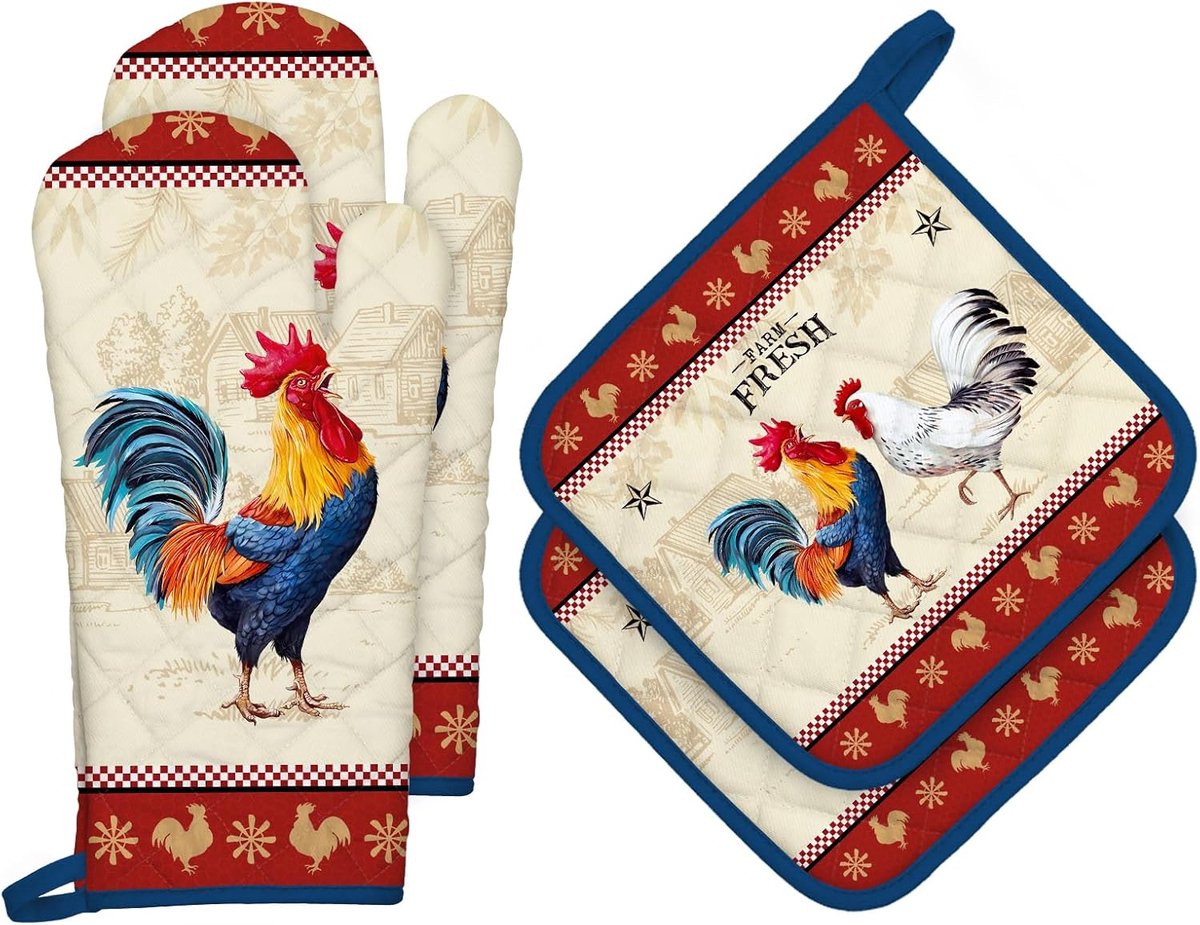 Ovenwanten en Pannenlappen - 100% Katoen, Hittebestendige Extra Lange Ovenhandschoenen & Hete Pads voor Koken BBQ Grillen Bakken Cadeau, Set van 4