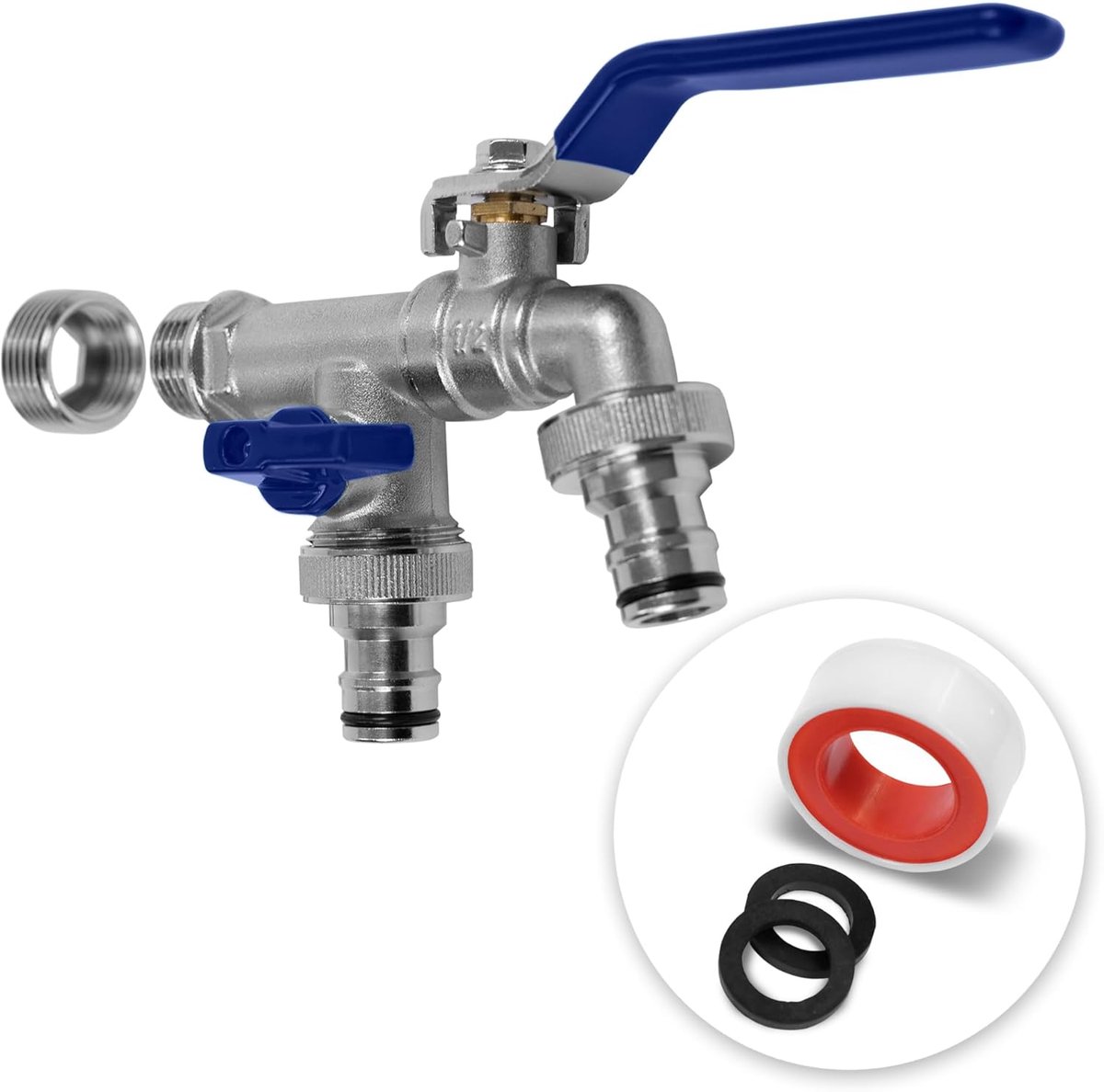 Kraan voor de tuin, 1/2 inch en 3/4 inch, van messing, incl. 2 slangaansluitingen en afdichtband, kogelkraan voor buiten, vorstbestendig, uitloopkraan, regenton buitenkraan, afvoerventiel