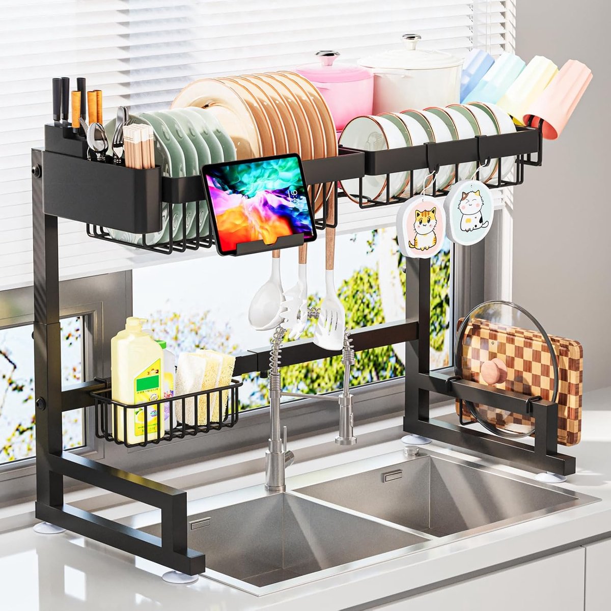 Over The Sink afdruiprek (uitbreidbaar hoogte en lengte) Snap-On Design 2 Tier Groot afdruiprek Roestvrij Staal (24" - 34" L x 12" B x 19" - 22" H)