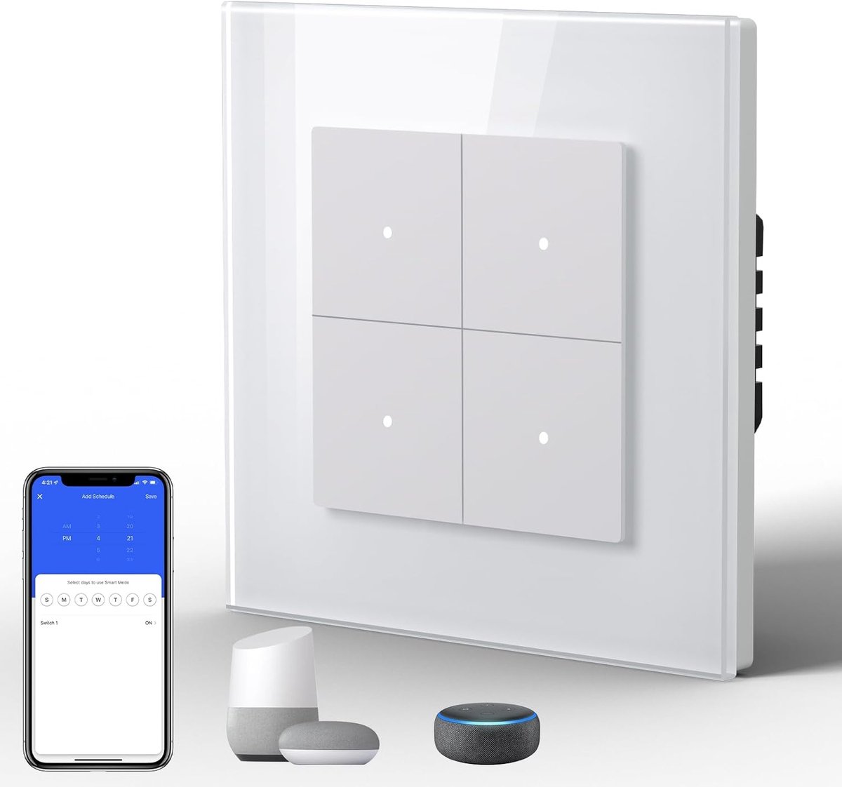 Slimme WiFi-schakelaar Mural, draadloze schakelaar, Compatibel met Google Home en Alexa Neutral Line vereist, 4 gang 1 manier, 86mm, Wit