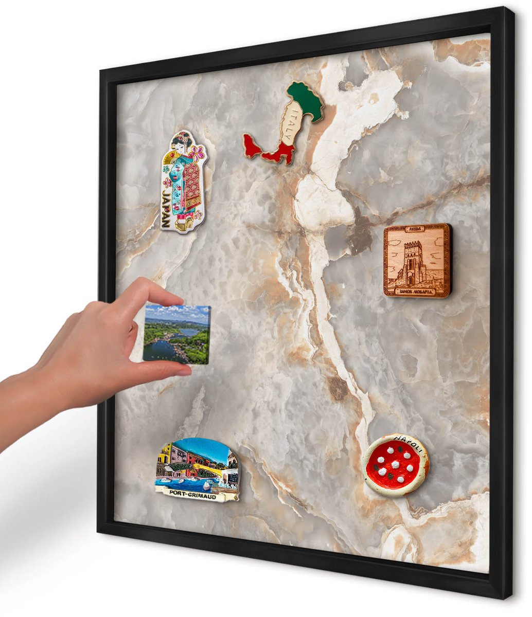 Artprintcave Grijs Magneetbord mit Zwart Frame - 50x50 cm - Marmeren Elegantie Memobord Keuken - Modern Notitiebord - Texturen