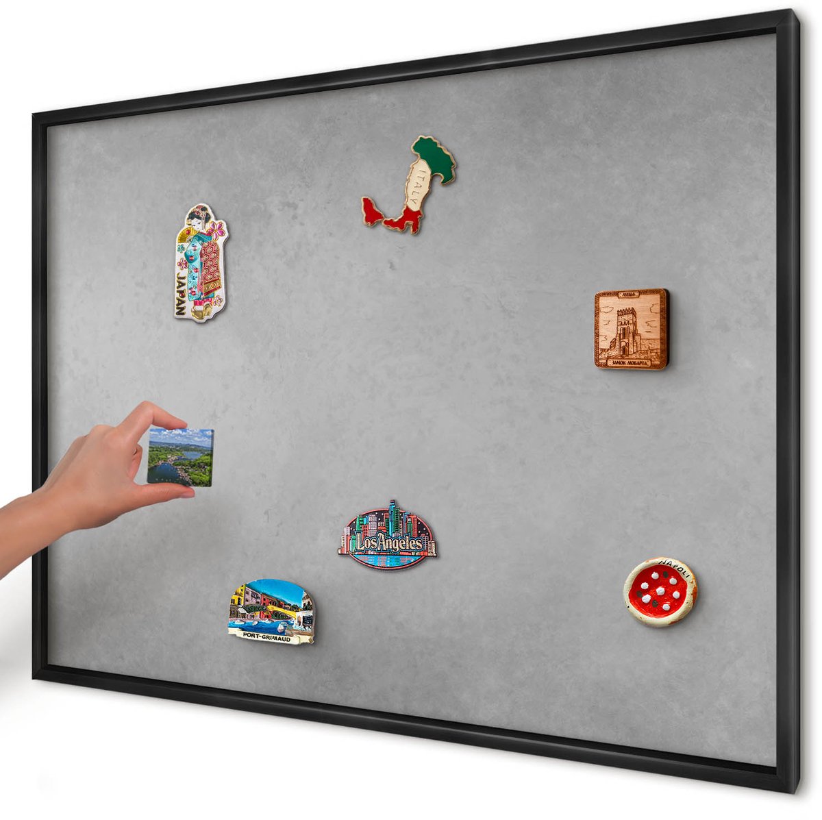 Artprintcave Grijs Magneetbord mit Zwart Frame - 100x70 cm - Zilveren Mist Bord Voor Magneten - Minimalist Memobord Keuken - Texturen