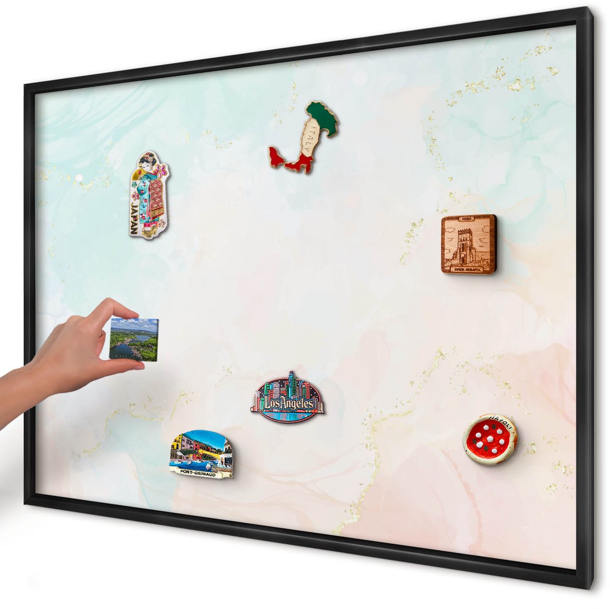 Artprintcave Romig Magneetbord mit Zwart Frame - 100x70 cm - Pastel Elegantie Notitiebord - Waterverf Memobord Keuken - Abstractie