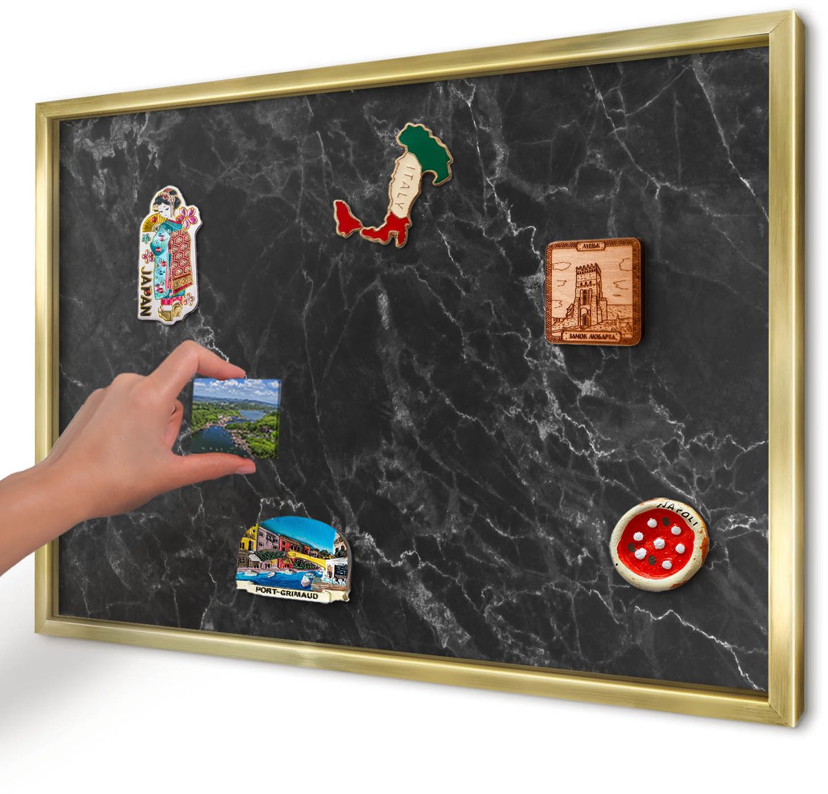 Artprintcave Zwart Magneetbord mit Gouden Frame - 60x40 cm - Zwart Marmer Memobord Keuken - Minimalist Magneet Bord mit Frame - Texturen