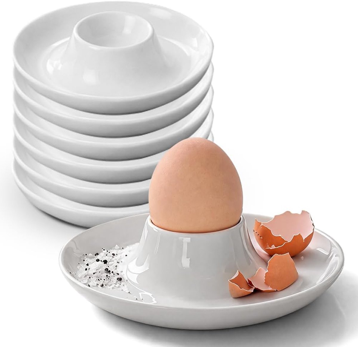 Keramische eierdopjes, 6 stuks, porselein, wit, hoogwaardige eierdopjes, rond, voor tafel en keuken, stapelbaar, vaatwasmachinebestendig, klassieke ontbijthouder voor ontbijt eettafel