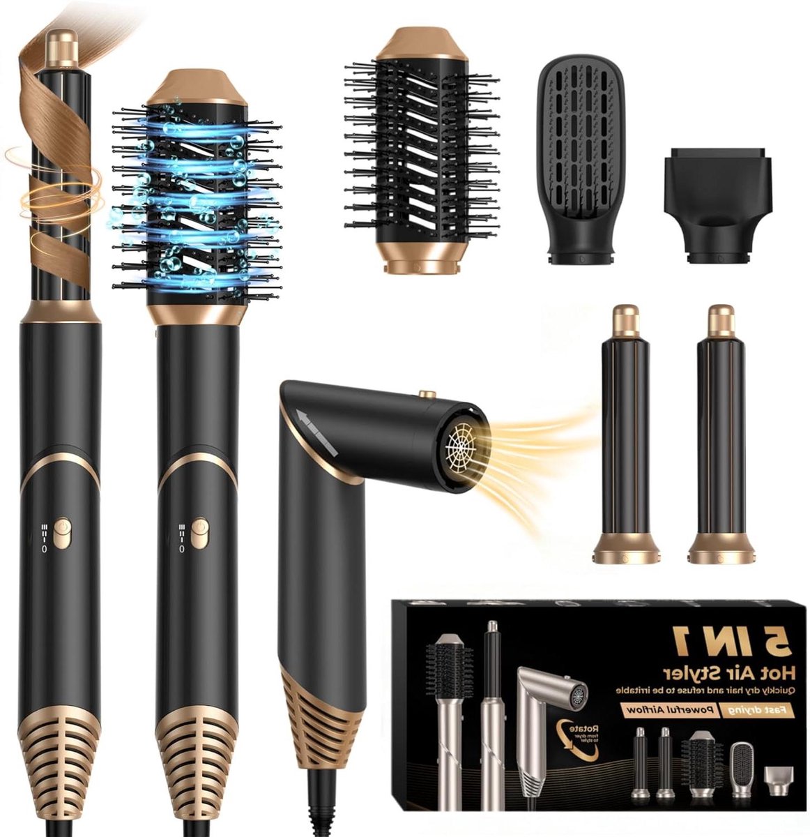 Haarstyling Tool - Airstyler Krultang - Dagelijks Haar Stijlen - 5-in-1 Accessoireset - 35 x 17 x 8 cm - Zwart/Goud