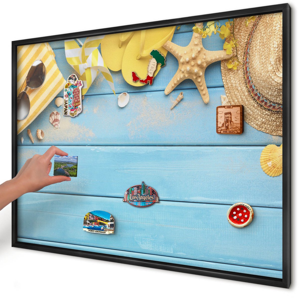 Artprintcave Blauw Magneetbord mit Zwart Frame - 100x70 cm - Strandsfeer Magneet Bord mit Frame - Boho Magnetisch Bord Voor Magneten - Reis