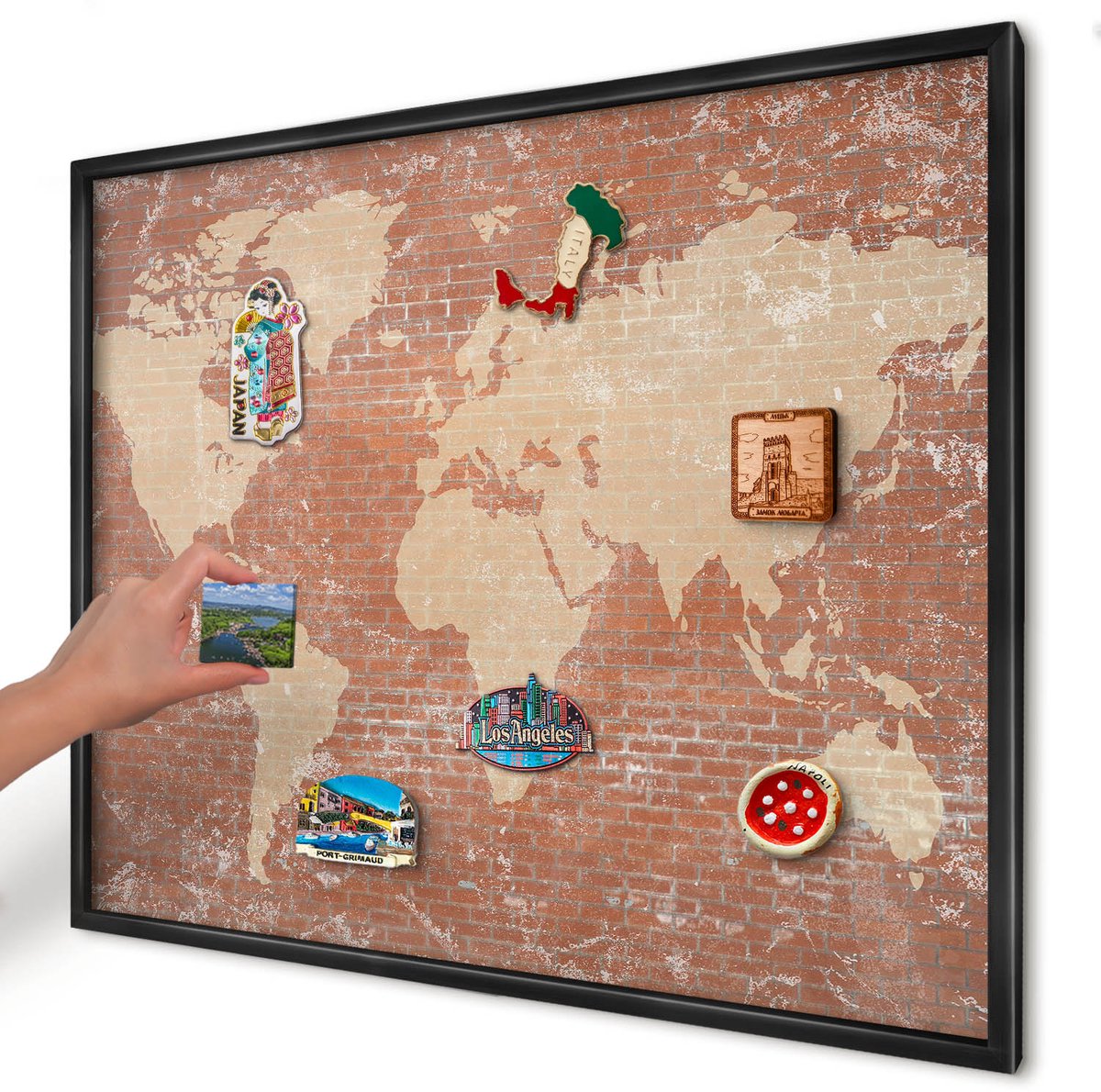 Artprintcave Bruin Magneetbord mit Zwart Frame - 80x60 cm - Bakstenen Plattegrond Magneetbord Voor Keuken - Industrieel/Loft Magneet Bord mit Frame - Kaarten