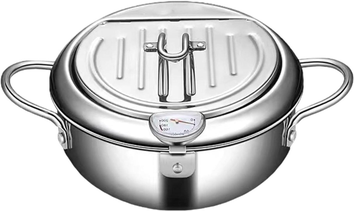Roestvrijstalen Friteuse - Frituurpan Diepe Pan - Lekker Frituren - Met Ingebouwde Thermometer - 20CM - Zilver