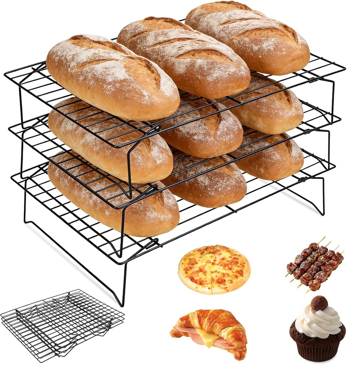 Taartrooster, afkoelrooster, etagère, 3 etages, afkoelrooster, rechthoekig, stapelbaar, herbruikbaar, taartrooster, bakgerei 34 x 24 x 6,5 cm, voor cupcake, koekjes, grillen, koelrek