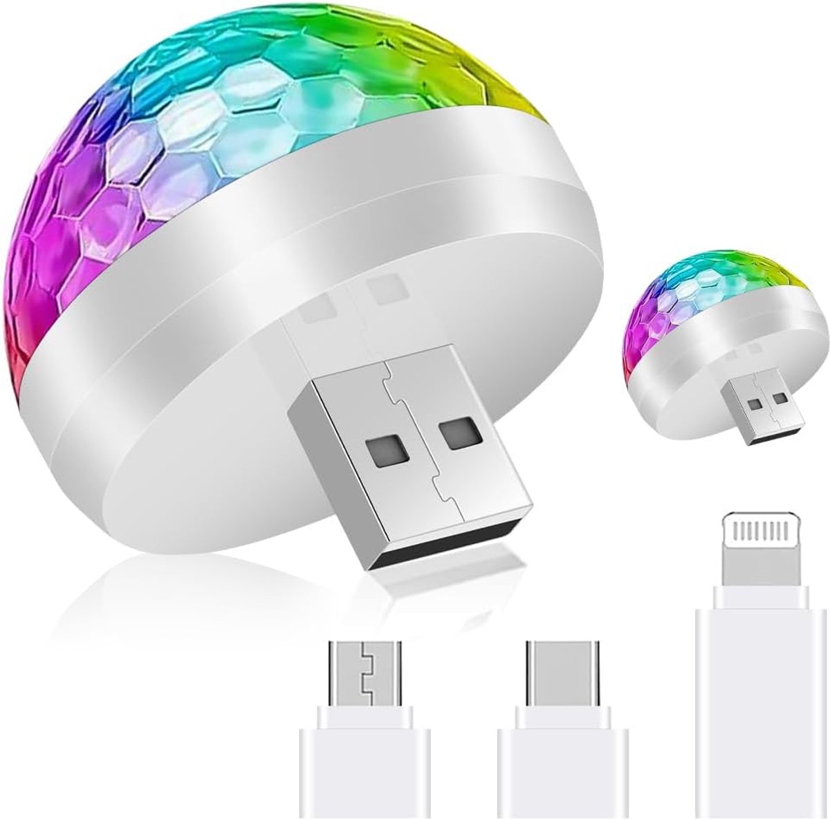 USB-discolichten, 2-pack mini-discoballichten, 4 kleuren LED-autosfeerverlichting, draagbare RGB mini-discolichten met 3 adapters, geschikt voor feest, club, verjaardag, karaoke