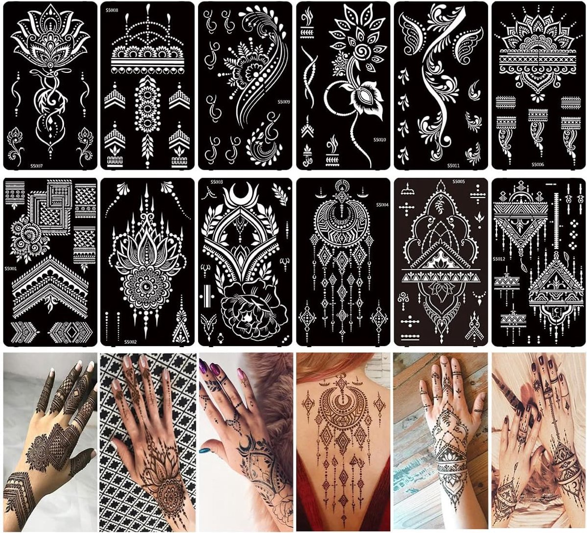 Henna-tattoo-sjablonenset voor handen, onderarm, Indiase herbruikbare tijdelijke tatoeagestickers voor vrouwen en meisjes, 12 vellen
