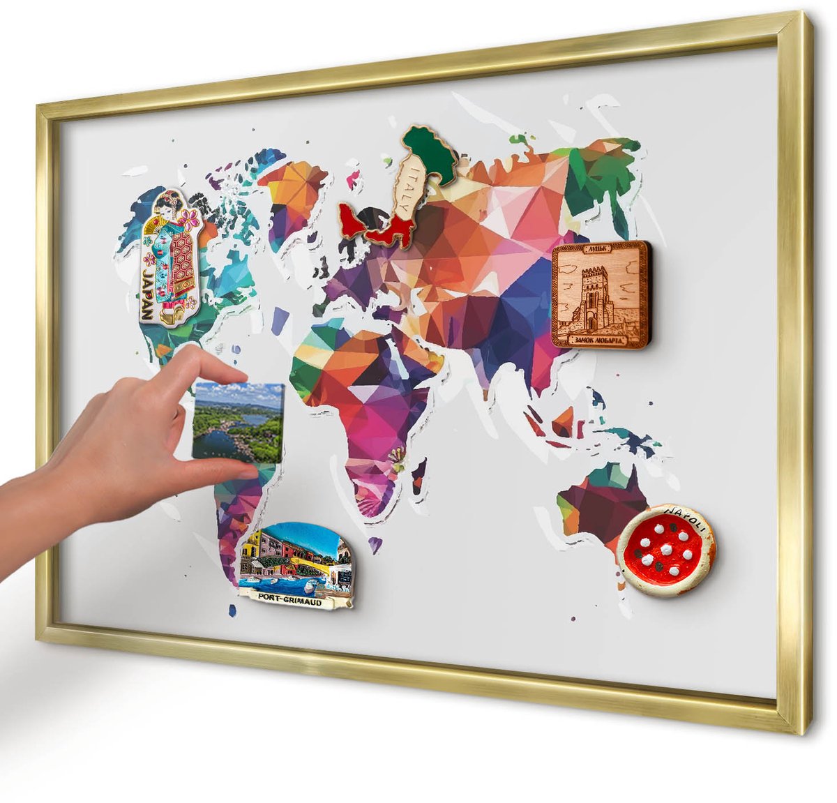 Artprintcave Grijs Magneetbord mit Gouden Frame - 60x40 cm - Wereldkaart Magnetisch Bord - Geometrische Notitiebord - Kaarten