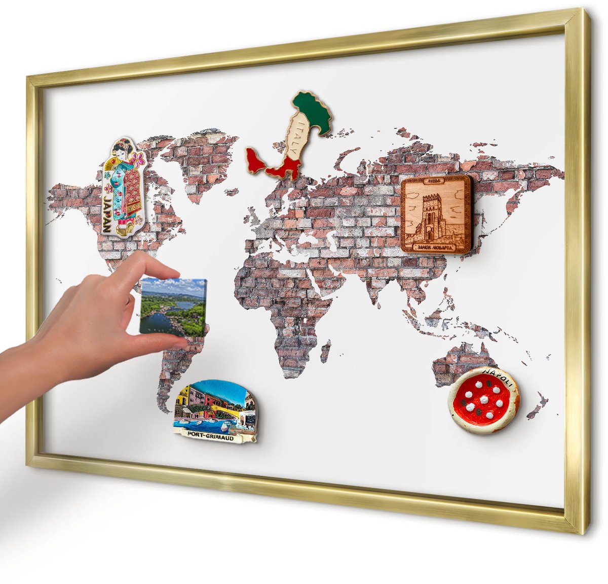 Artprintcave Wit Magneetbord mit Gouden Frame - 60x40 cm - Baksteenwereld Magneet Bord mit Frame - Industrieel/Loft Memobord Keuken - Kaarten