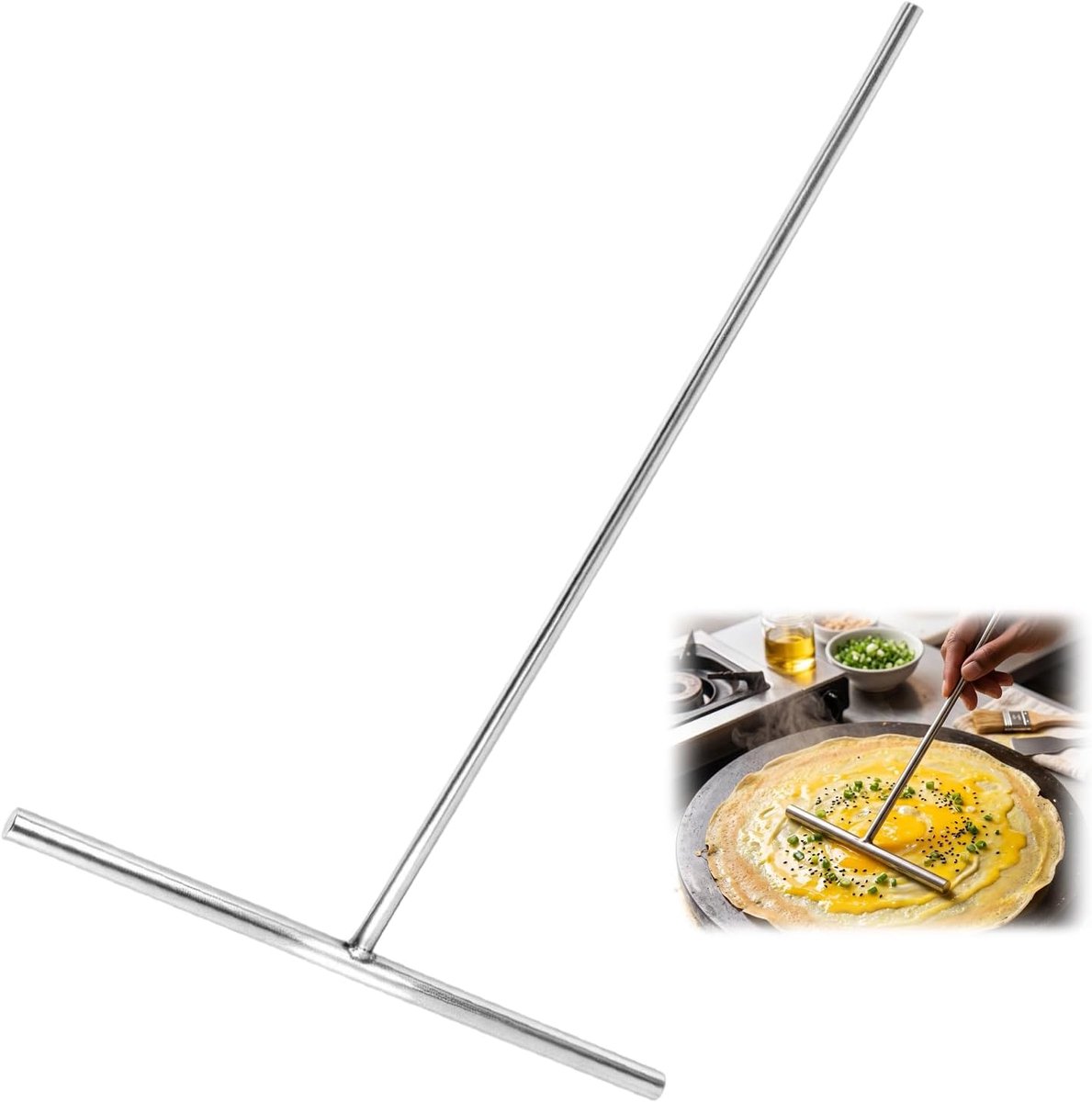 1 stuk deegverdeler, pannenkoekenverdeler, pannenkoekenverdeler van roestvrij staal met 20 cm diameter en lang handvat, voor gelijkmatig verdelen van crpetdeeg, palaatham en eiercakedeeg