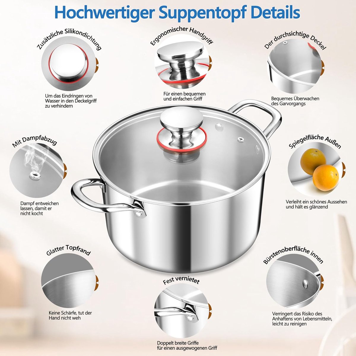 Kookpan groot, 24 cm, 3-laags roestvrij staal, 5,7 l pan met glazen