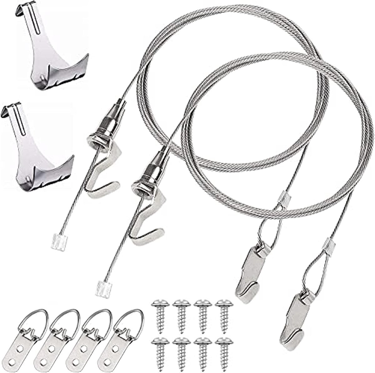 foto rail opknoping kit galerij kunst opknoping systeem | roestvrij staal fotolijst opknoping draad 2.5m × Φ2mm met 2 verstelbare haken + giethaken - Pack van 2