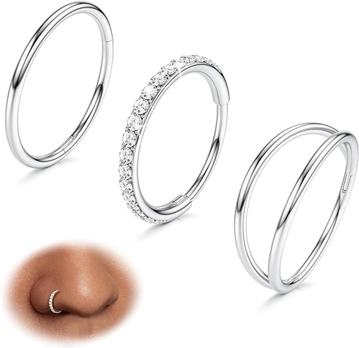 Ringen Hoepels - 316L Chirurgisch Staal Dubbele Hoepel Neus Ringen 16G/18G/20G CZ Conch Piercing Sieraden Septum Clickerer Lip Kraakbeen Oorrang Helix Tragus Daith 7/8/9/10 mm