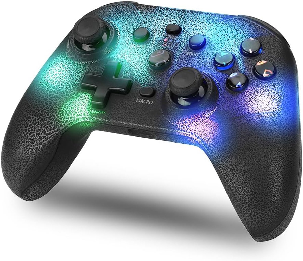 Draadloze afstandsbediening met RGB-led, verstelbaar, switch/pc/Android/iOS, turbo-functie, macro-instellingen, bluetooth, 6 assen, 4 vibratiemodi, zwart (smartphonehouder)