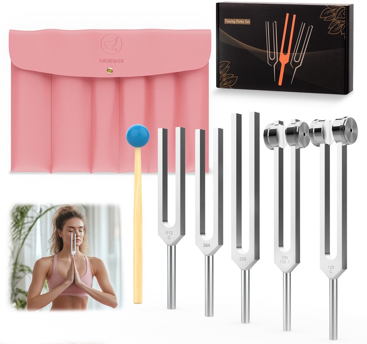 Omgoods- Stemvork Set van 5 - 128 Hz, 136,1 Hz, 256 Hz, 384 Hz, 512 Hz - PU-lederen Etui - Rubberen Hamer - Aluminiumlegering - Eenvoudig te Bedienen - Geluidsinstrument