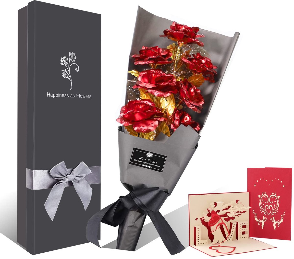 Omgoods - Gouden Rozen Boeket - 7 Stuks Handgemaakte Rozen met Geschenkdoos