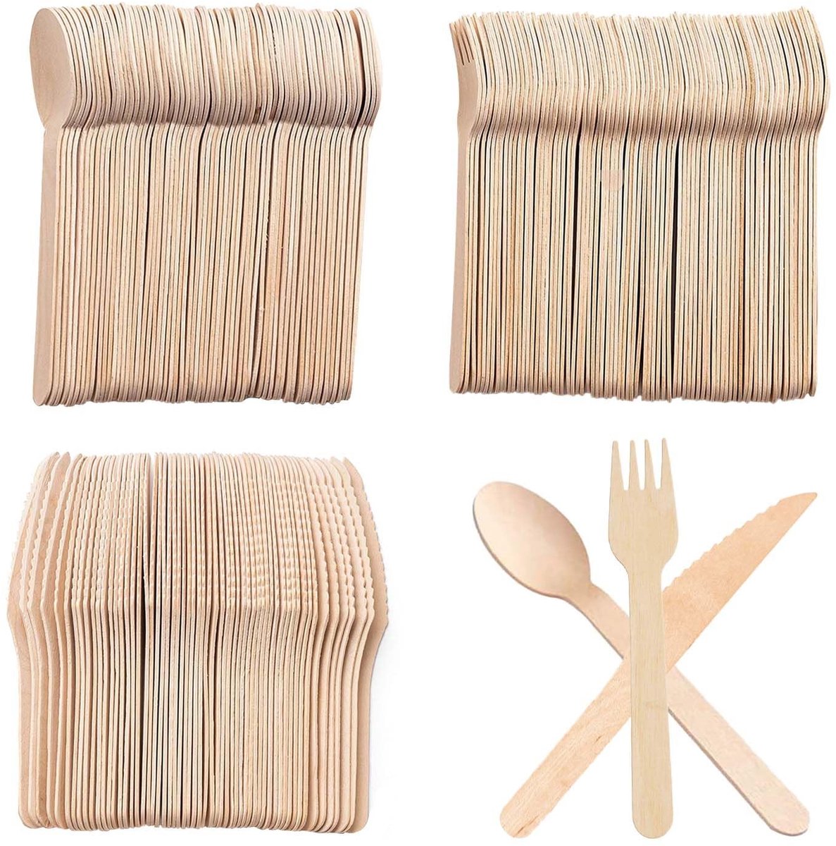 Omgoods- Houten Bestek 300 Stuks - Houten Messen/Vorken/Lepels - Biologisch Afbreekbaar - Voor Feesten/Kamperen - Premium Berkenhout - BPA-vrij - Wegwerpbestek