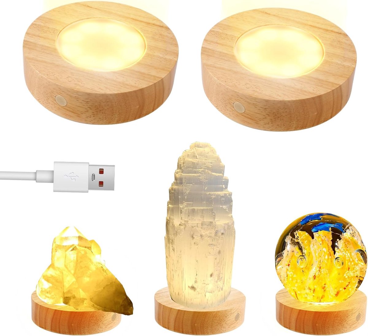 LED-lichtbasis, 2 stuks ronde houten lichtstandaard basis voor 3D kristalglas, aromasteen, kunst met 3 lichtmodi, warm wit neutraal, aanraakknop (12 cm, afneembare kabel)