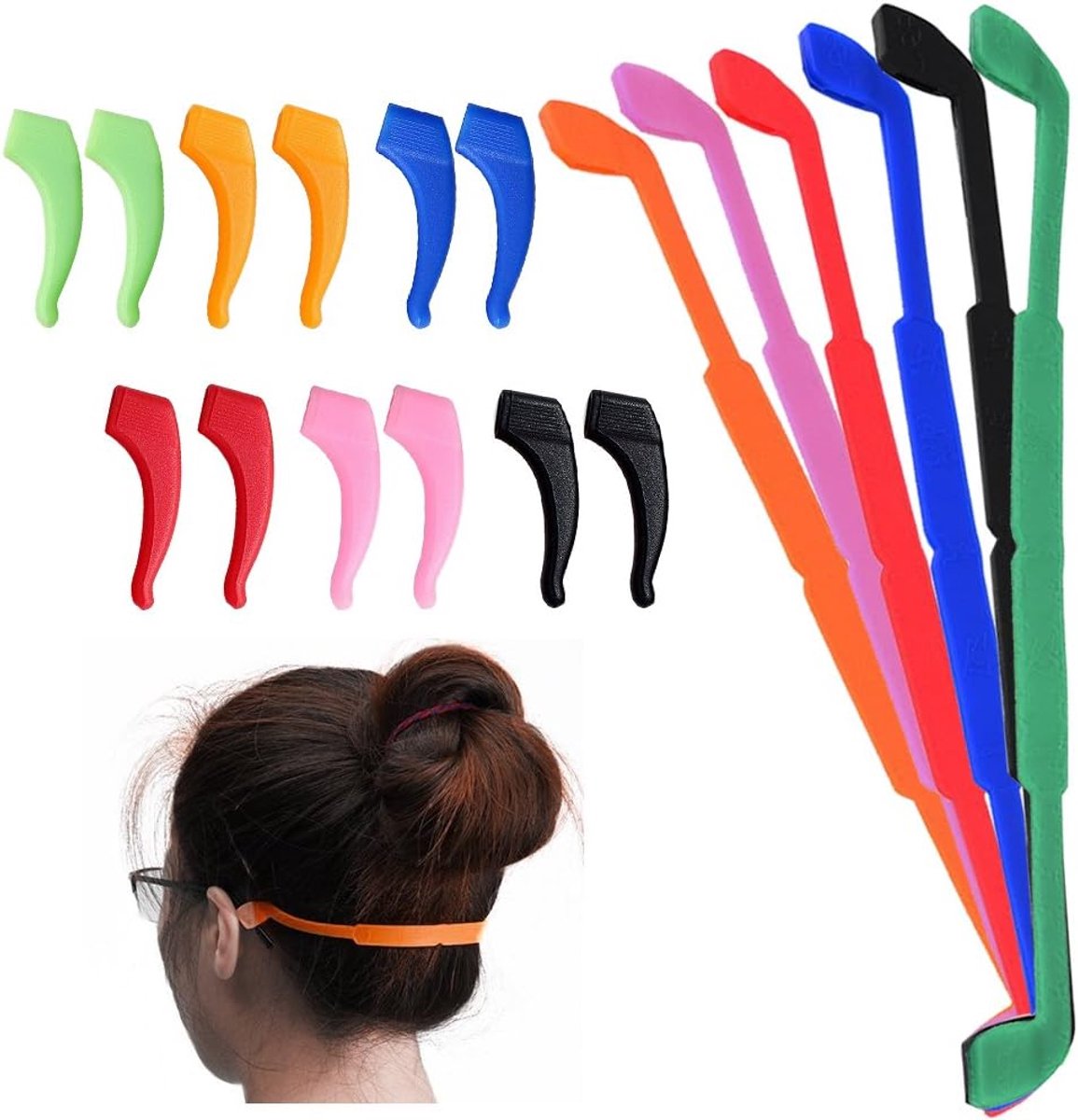 6 stuks anti-slip siliconen brillenbandjes met 6 paar oorgreephaken, zachte brillenhouder voor kinderen en volwassenen sport - zwart, rood, oranje, roze, blauw, groen, Multi kleuren, 18*11