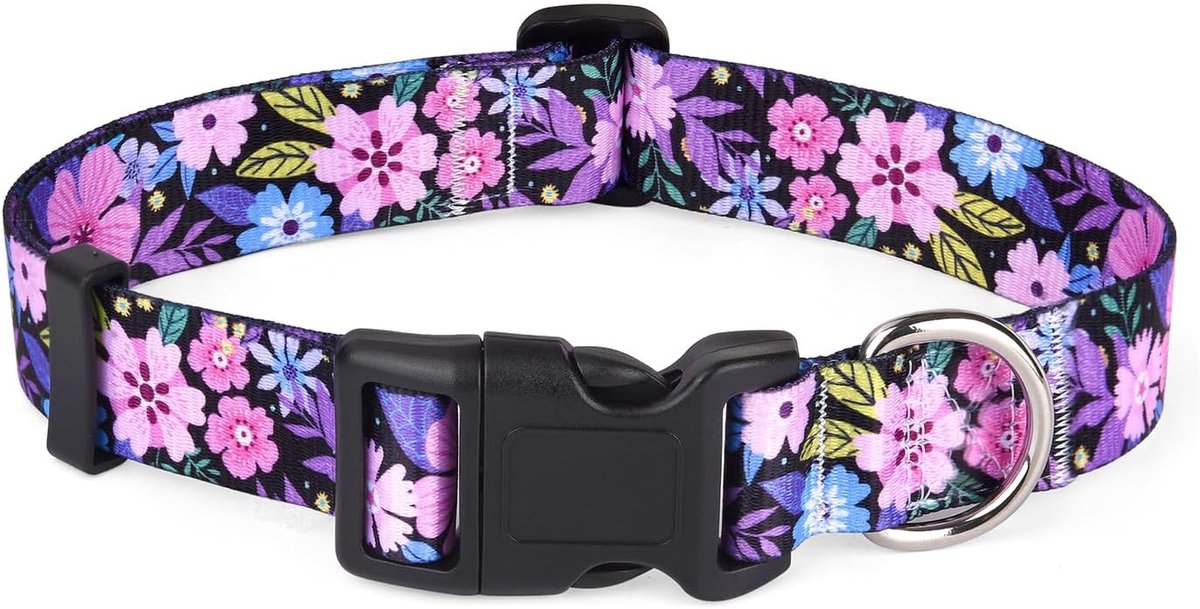 Zachte halsband voor honden, met bloemmotieven, verstelbaar, voor kleine, middelgrote of grote honden (roze bloemen, XS)