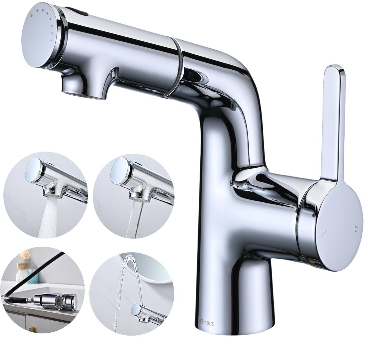 Omgoods- Wastafelkraan met Uittrekbare Douchekraan - 2 Straalsoorten - Bovensproeier - Uitloophoogte 131 mm - Chroom - Inclusief Installatieaccessoires - Badkamerkraan