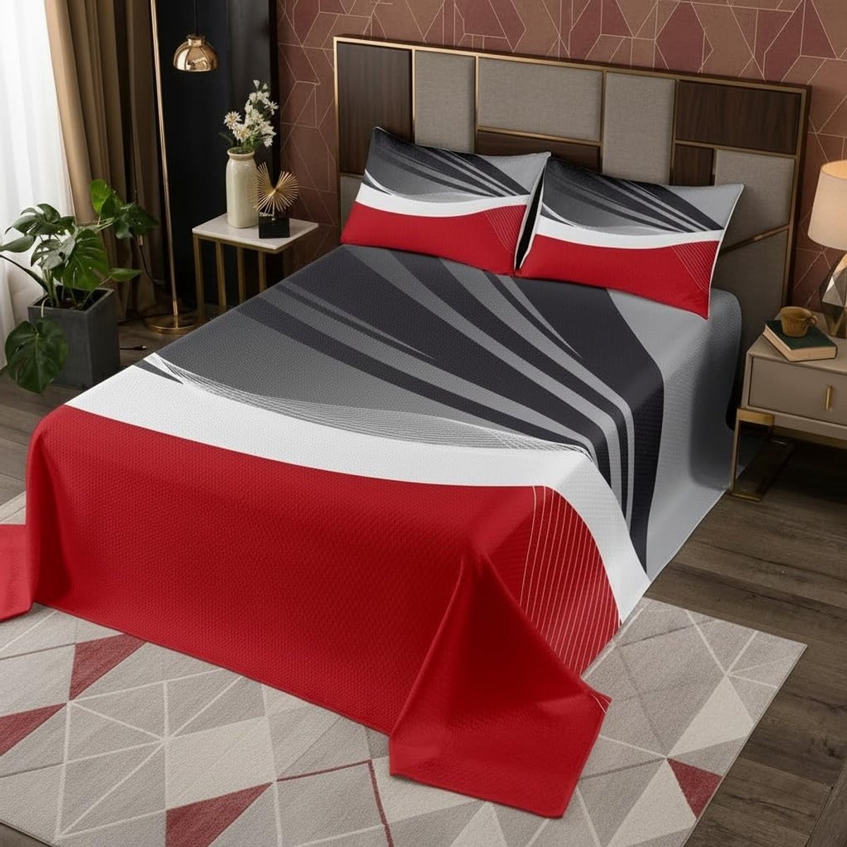Omgoods - Geometrisch Bedsprei Set 3-delig 240 x 220 cm in Rood en Grijs