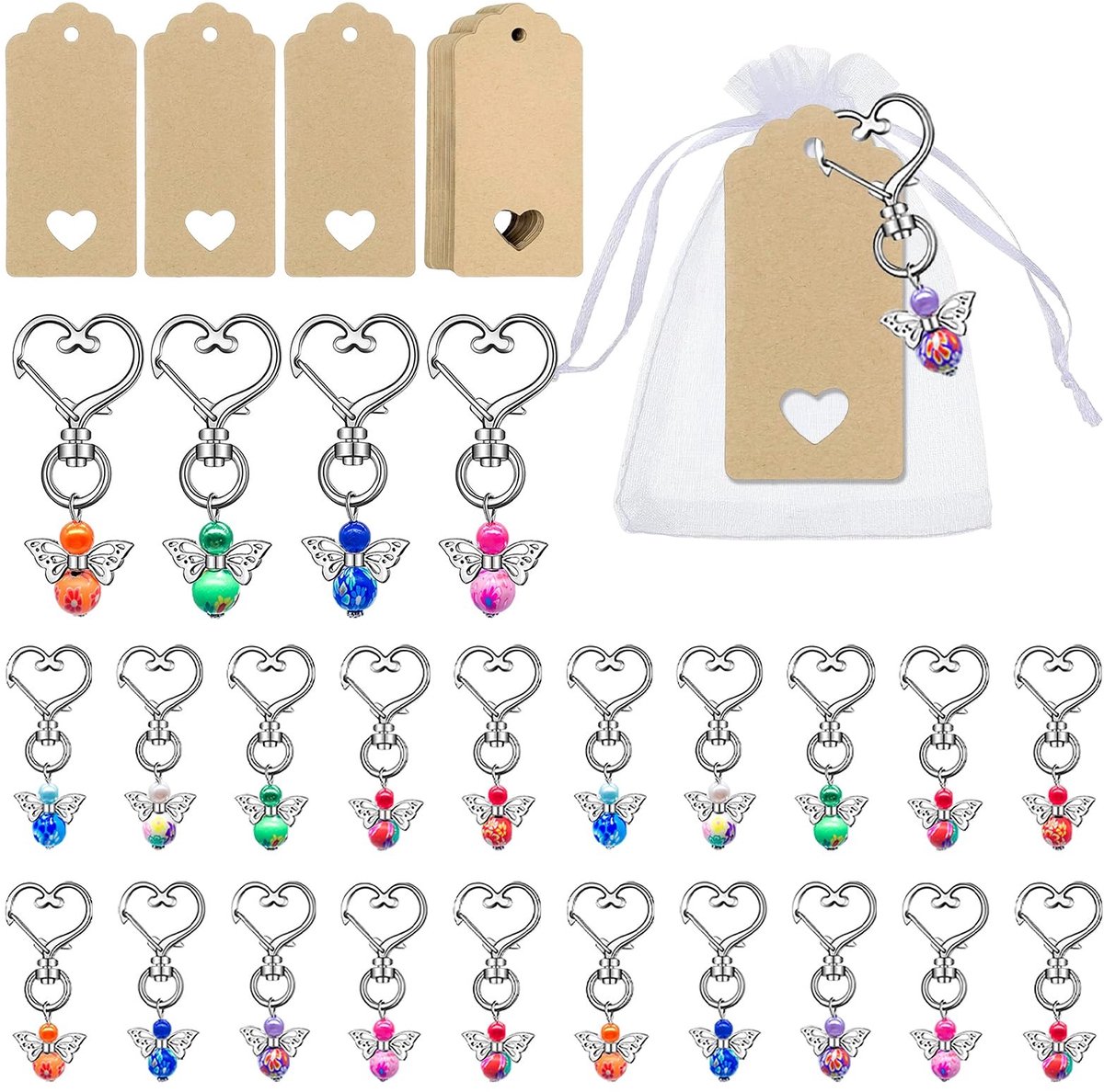 Omgoods- Beschermengel-sleutelhanger Set van 25 - Organza Zakjes - Blanco Kraftpapier - Gastgeschenken - Communie - Doop - Afscheid