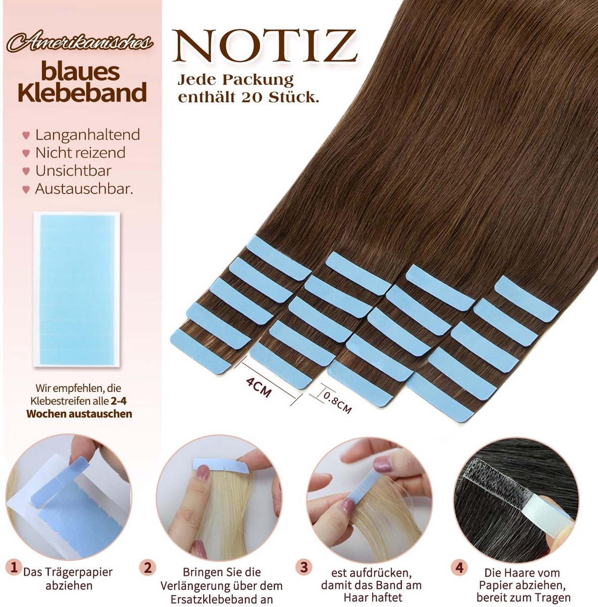 Omgoods - Tape-in Haarextensions, 60 cm, 20 Stuks, Seamless, Bruin, Remy Haar