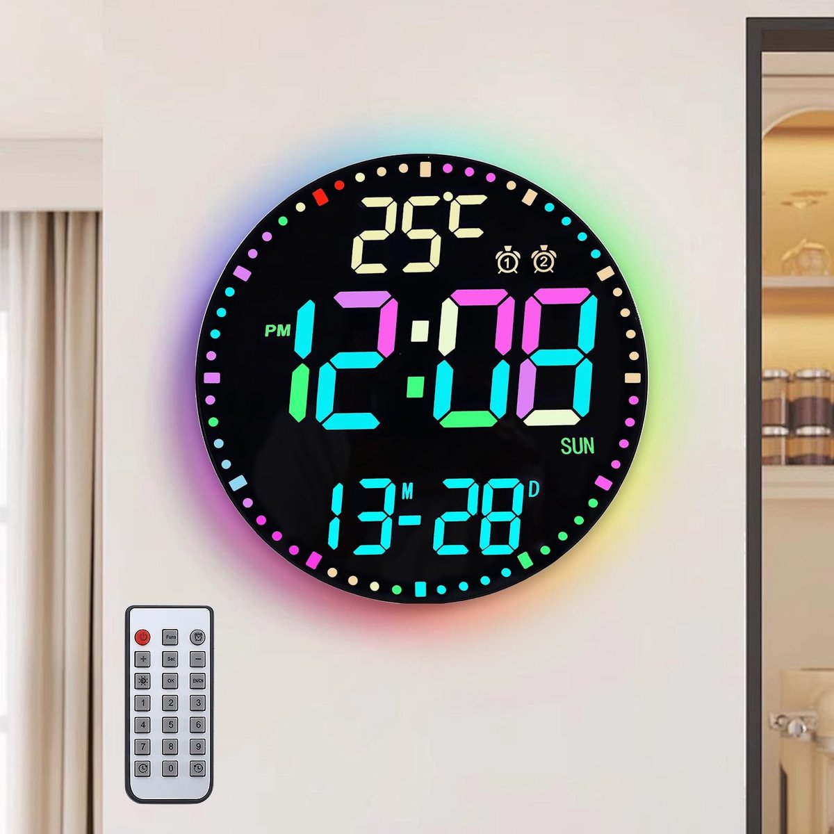 Omgoods - Digitale Wandklok met Nachtlampje en Afstandsbediening - 12 RGB Kleuren