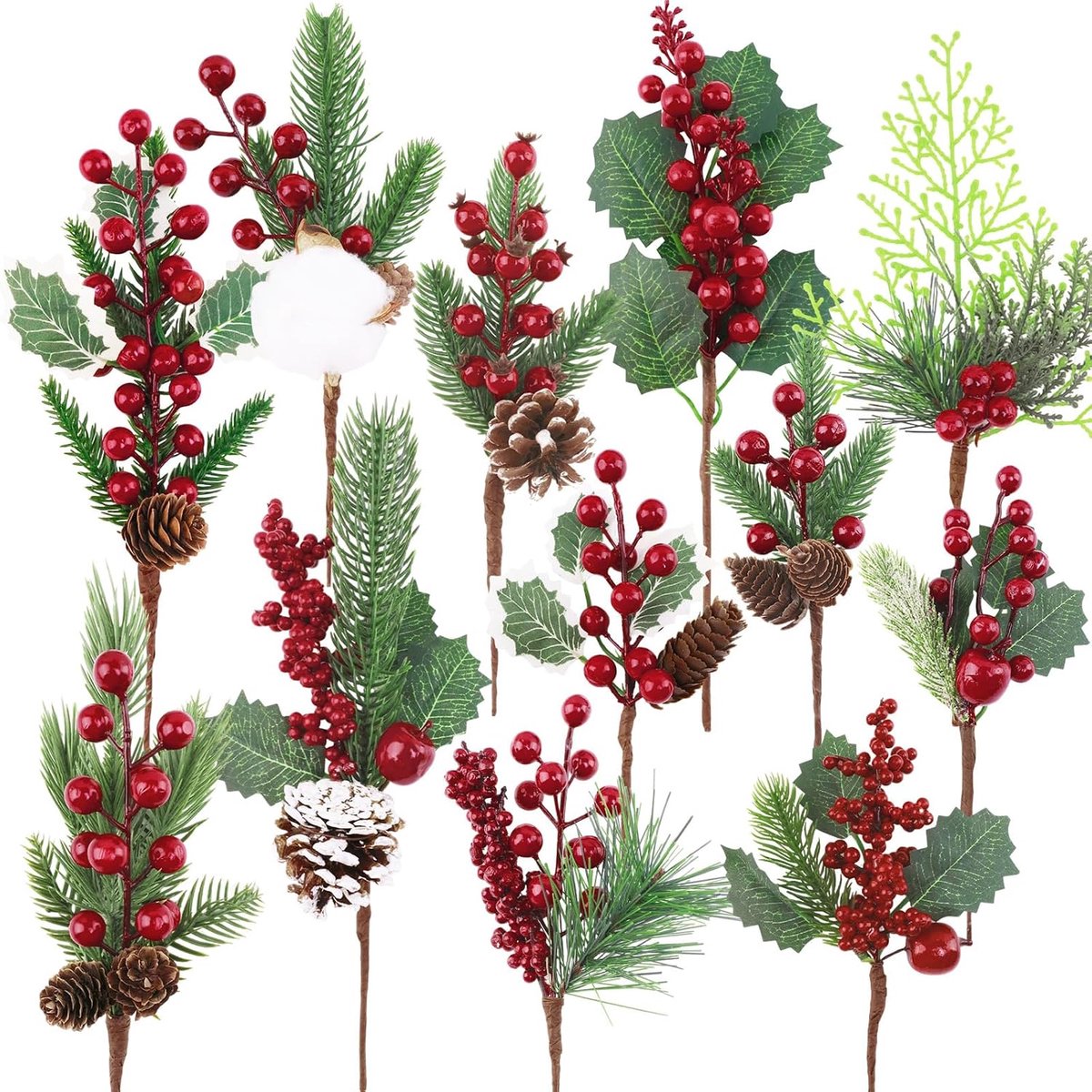12 stuks kunstdennentakken met rode bessendecoratie, kersttakken met dennenappels, katoen, bladeren, wijnstokken voor doe-het-zelf kerstslinger, kerstboomdecoratie
